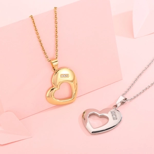 Fashionable heart-shaped hollow stainless steel pendant necklaces in gold and silver finish