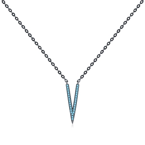 British retro S925 sterling silver V-shape long necklace with turquoise stone in black finish