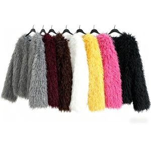 Long pile faux fur coat in seven vibrant colors for fall and winter seasons