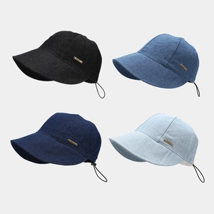 Wide Brim Denim Sun Hat For Women UV Protection Washed Cotton Adjustable Drawstring Outdoor Casual Bucket Hat Metal Tag