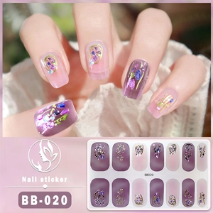 5D embossed gel nail stickers featuring purple and gold floral patterns BB-020 model