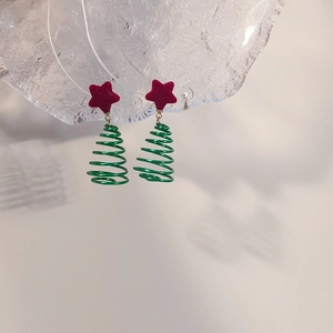 Handmade Christmas tree drop earrings with green spiral wire and red velvet star decor