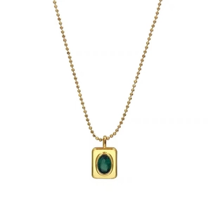 Elegant gold beaded chain necklace with vintage rectangular green gemstone pendant