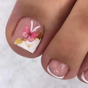 Faux Ongles D'orteils Pointe Française Blanche Papillon Rose Accents De Feuille D'or Style Mignon Élégant Pour Femmes