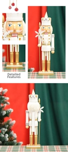 Detailed views of a 36cm white and gold wooden nutcracker soldier with glitter accents