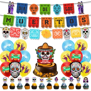 Collezione Decorazioni Festa Messicana Dia De Muertos Striscione Teschi Colorati Palloncini in Lattice Spirali Decorazione Torta per Evento Halloween