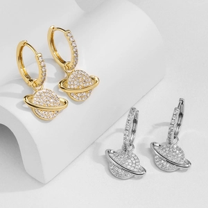 Creative planet airplane hoop earrings with sparkling zircon inlay in gold and silver finish