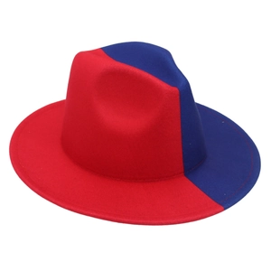 Two-tone red and blue felt fedora jazz hat with flat brim and indented crown on white background