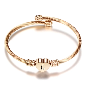 Elegant rose gold stainless steel cable cuff bracelet with heart initial G charm