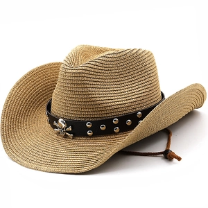 Chapeau De Paille Cowboy Occidental Avec Insigne Crâne Métal Ruban Cuir Rivets Large Bord Protection Solaire