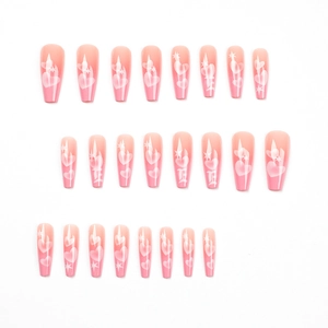Pink gradient long trapezoid press-on nails set with heart and star patterns