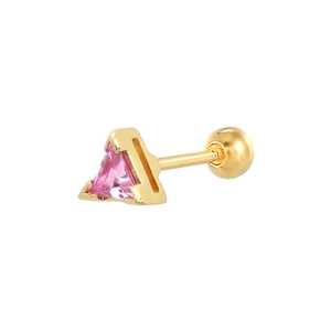 Detail view of a 925 silver triangle stud earring with pink gemstone and gold finish