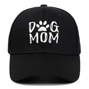 Classic black cotton baseball cap featuring white DOG MOM embroidery and paw print icon