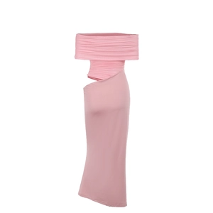 Detail of pink off-shoulder dress featuring waist cut-out and elegant pleated texture