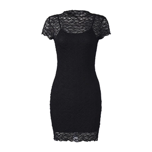 Close-up of intricate black lace texture and slim fit sleeve on this summer dress