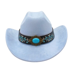 Light blue vintage western cowboy hat with floral embroidered band and turquoise stone