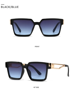 Front and side view of rectangular black sunglasses with blue gradient lenses and metal arms