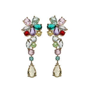 Elegant multi-color gemstone flower earrings with long teardrop tassel fringe design
