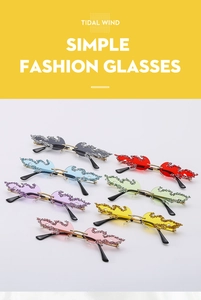 Detail view of rimless fire flame sunglasses with luxury rhinestones in seven vibrant colors