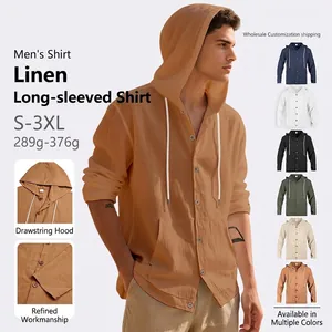 Men Linen Polyester Hooded Shirt Long Sleeve Button Down Loose Fit Drawstring Lightweight Solid Color Casual Beach Tops