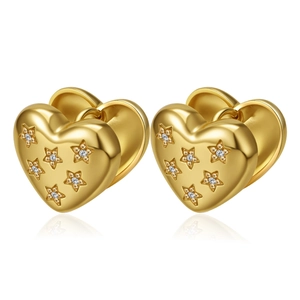 Polished gold heart hoop earrings with engraved stars and sparkling zircon stones