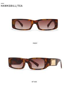 Detailed front and side view of hawksbill tea sunglasses with square metal temple accent