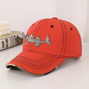 Red baseball cap with fishbone embroidery and camouflage brim on an aesthetic white setup