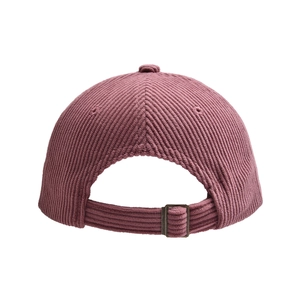 Detail view of corduroy texture and adjustable metal buckle on dusty pink baseball cap