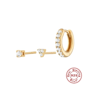 Detailed view of S925 sterling silver earring set with cubic zirconia and gold plating