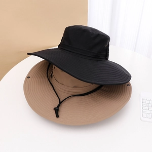 Detail of wide brim outdoor sun hats in black and khaki with adjustable windproof drawstrings