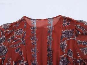 Close-up of bohemian floral print round neckline on a lightweight chiffon vacation dress