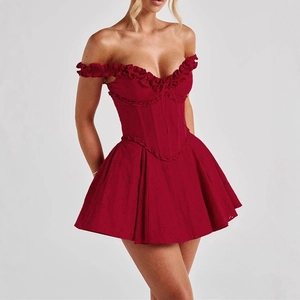 Wine red off-shoulder corset dress with delicate eyelet embroidery and ruffled details