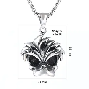 Detail showing dimensions of punk skull duck pendant on stainless steel box chain