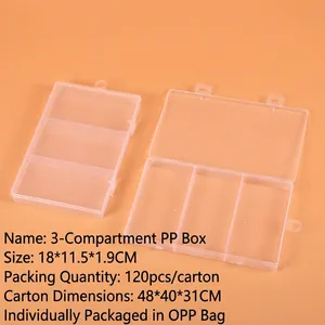 Detailed view of clear 3-compartment PP plastic organizer box measuring 18x11.5x1.9cm