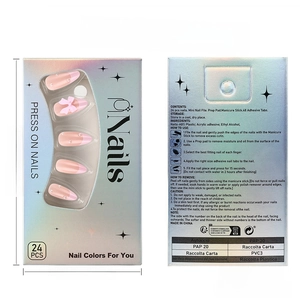 Front and back detail of 24pcs pink press-on nail packaging with size and specifications