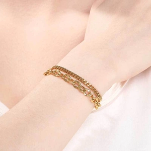 Double-layered 18K gold plated stainless steel curb chain bracelet for women fashion