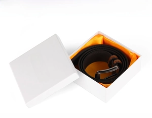 Brown leather belt for men with silver pin buckle in a premium orange lined gift box