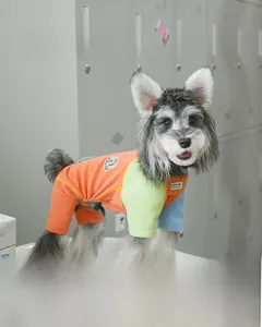 Detail of color-block thermal dog pajamas with adjustable drawstring and velvet texture
