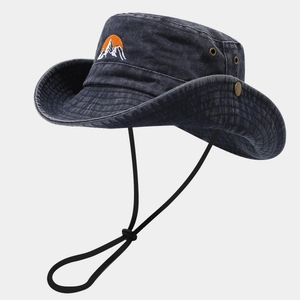 Outdoor Wide Brim Sun Hat Men Women Washed Cotton Boonie Hat With Mountain Embroidery Adjustable Drawstring Fishing Hat
