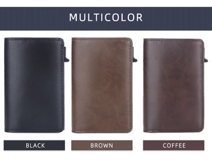 Three RFID blocking leather wallets in black, brown and coffee with side push slider