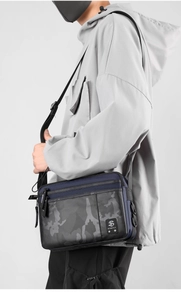 Detailed view of durable nylon messenger bag with subtle camouflage pattern and zippers