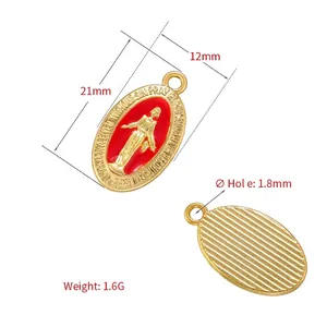 Vintage Virgin Mary oval pendant in gold finish with red enamel relief, 21x12mm size