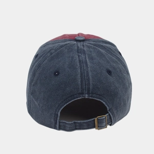 Vintage washed cotton baseball cap in navy and burgundy with adjustable metal buckle