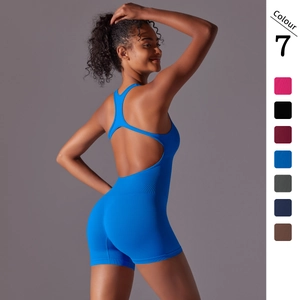 Women Seamless Ribbed Yoga Jumpsuit Backless One Piece Athletic Bodysuit Tight Gym Romper For Fitness Running Sports