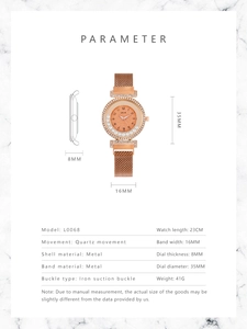 Detailed specifications of rose gold quartz watch with rhinestones and magnetic strap