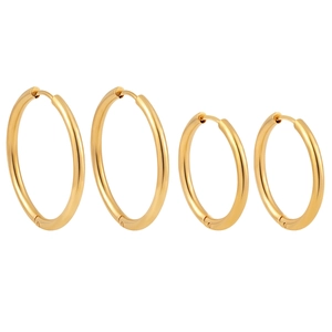 Two pairs of minimalist 18k gold plated stainless steel hoop earrings with polished finish
