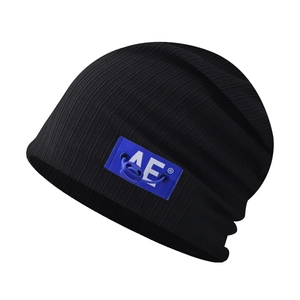 Classic black ribbed knit beanie featuring a blue AE logo patch and adjustable drawstring