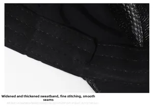 Detail of widened thick sweatband with fine stitching on black breathable sport cap
