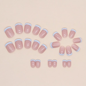 Short minimalist French press-on nails in light blue and nude pink colors