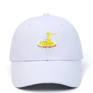 Detailed embroidery of a ramen bowl and chopsticks on a white cotton baseball cap